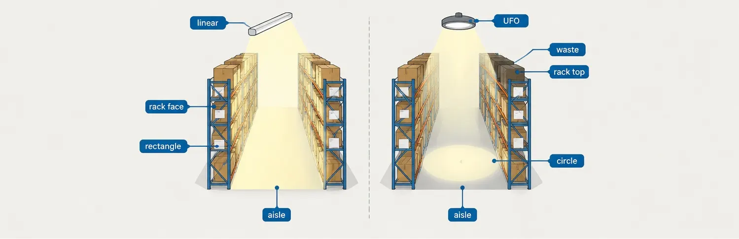 Fila di campane LED lineari FORT-A che illumina entrambi i fronti della scaffalatura in una corsia stretta di magazzino