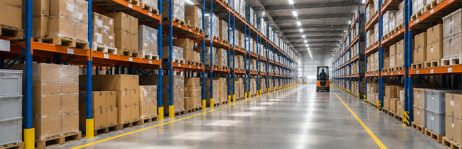 Campane LED lineari FORT-A in argento montate sopra le corsie delle scaffalature di magazzino