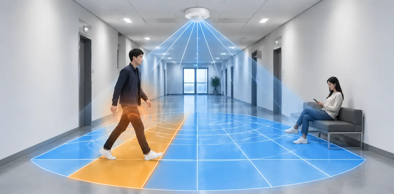 PIR sensor heat zone detection with Fresnel lens sectors for corridor bulkhead