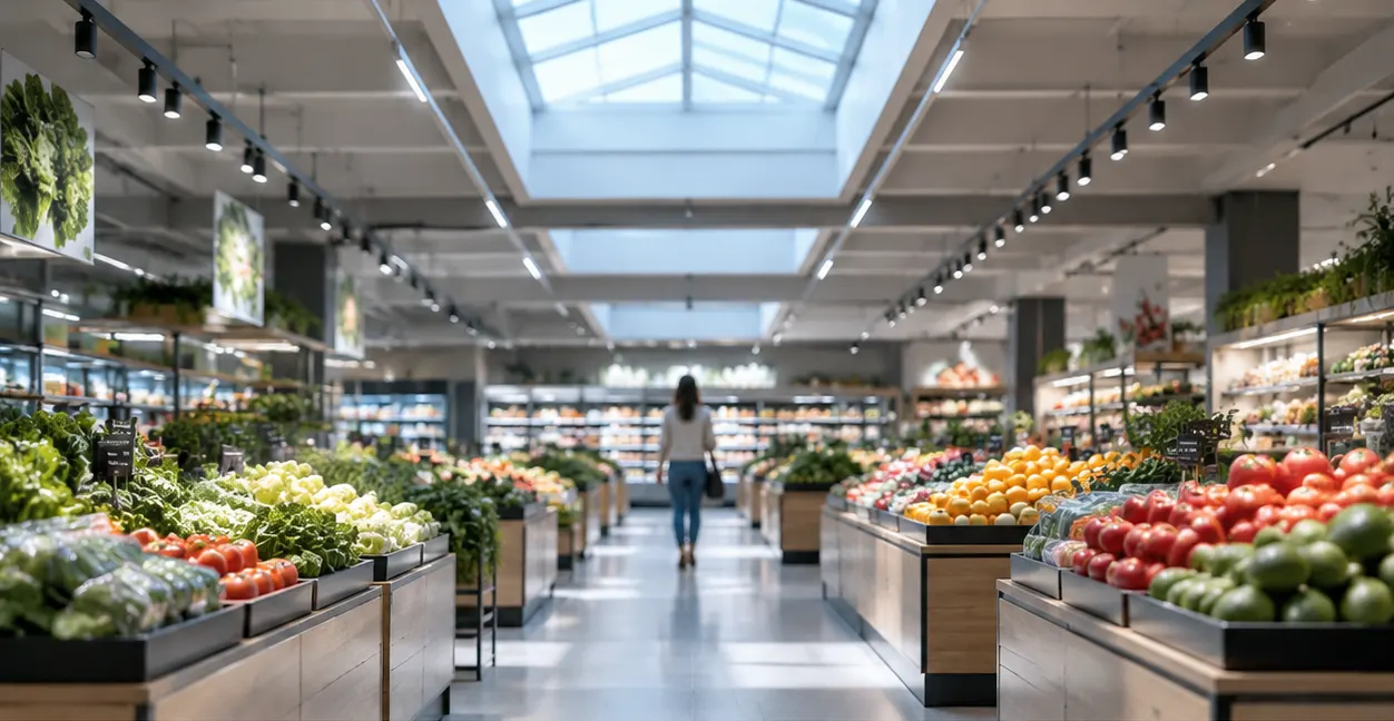 Daylight harvesting trimming electric light while schedule says Trading in supermarket produce hall