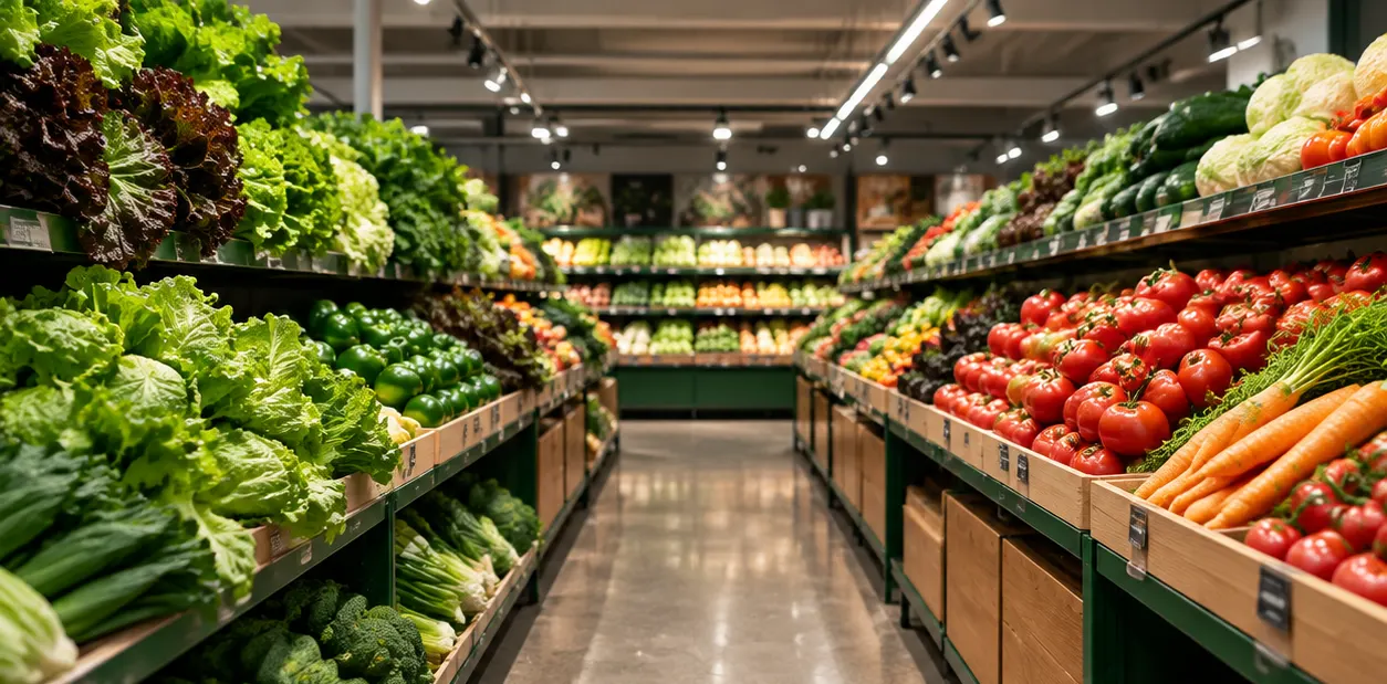Produce bakery lighting with tunable spectra showing neutral 3500K greens and warm bakery gold