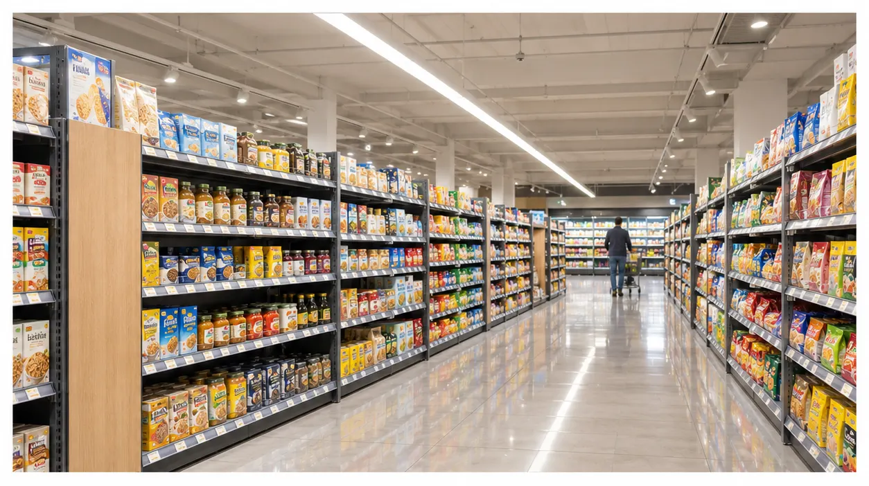 Supermarktgang mit durchgehender Reihe weißer Linearleuchten über den Gondeln