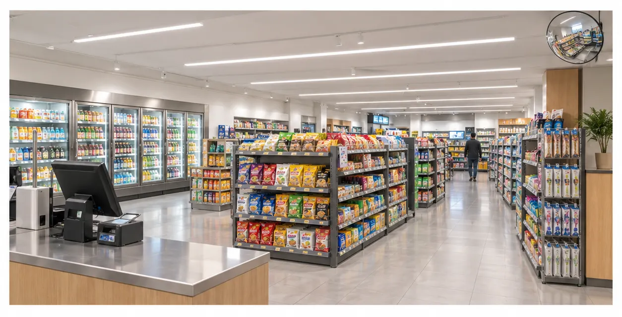 Innenraum eines Convenience Store mit neuen Linearleuchten über den Regalen und einem konvexen Sicherheitsspiegel