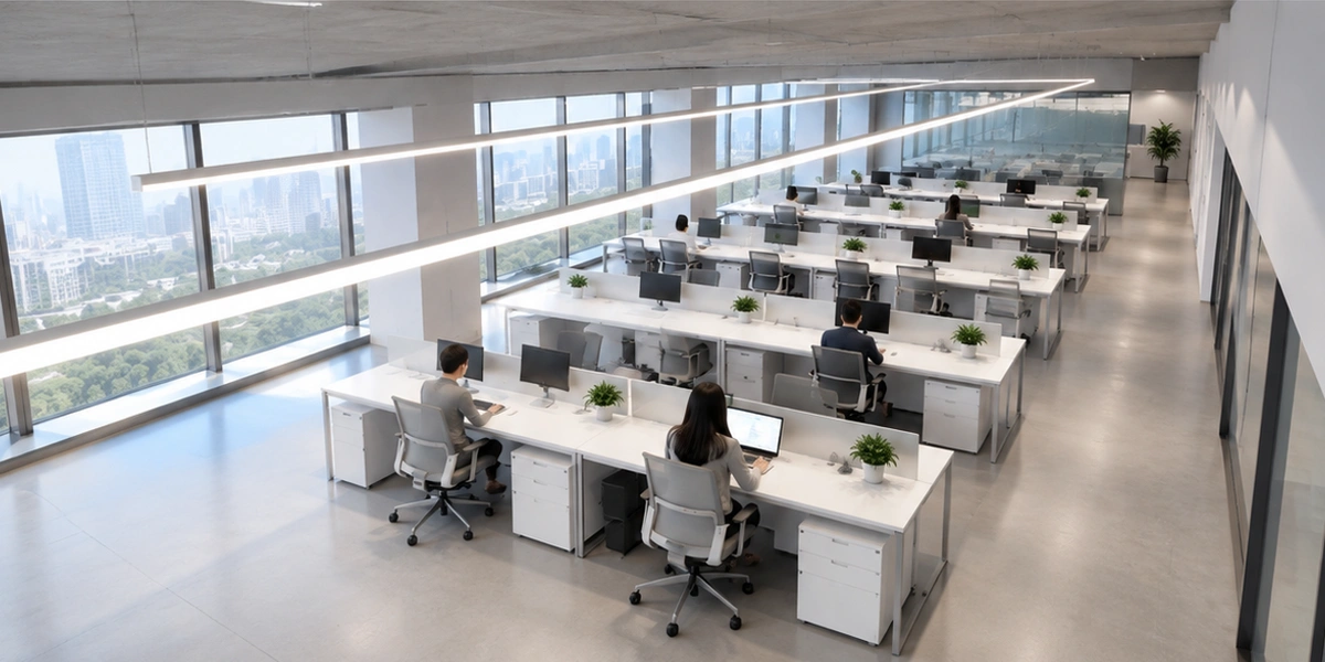 DIALux UGR simulation view of an office with downlight grid and observer points