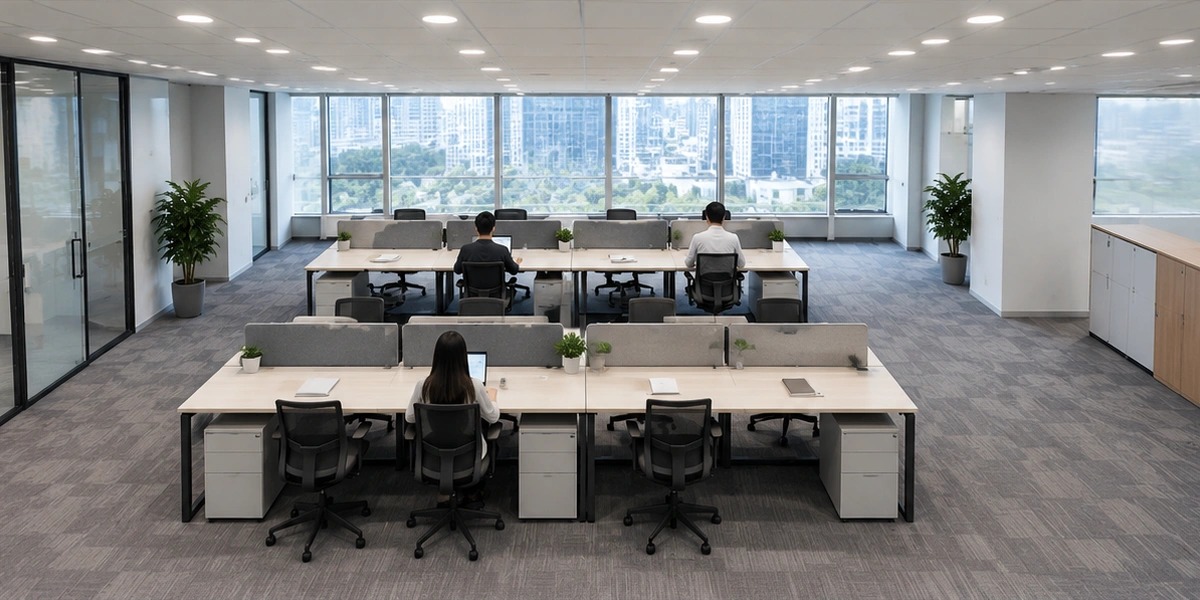 Microprismatic diffuser panel spreading office light while limiting harsh source view