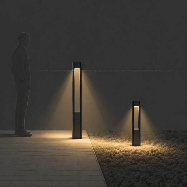 Sand Black LAN slim square bollards glowing beside a villa garden walk at dusk