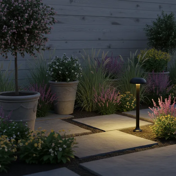 MUSH-D garden bollard glowing along landscape border planting
