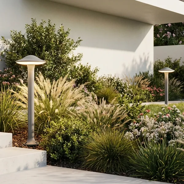 MUSH-M wide cap bollard lighting a dense flower border