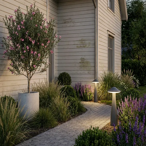 MUSH-M landscape bollard edging a curved lush lawn