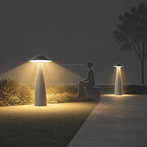 Light Grey MUSH-M SER wide-eave mushroom bollard washing lush border planting at dusk