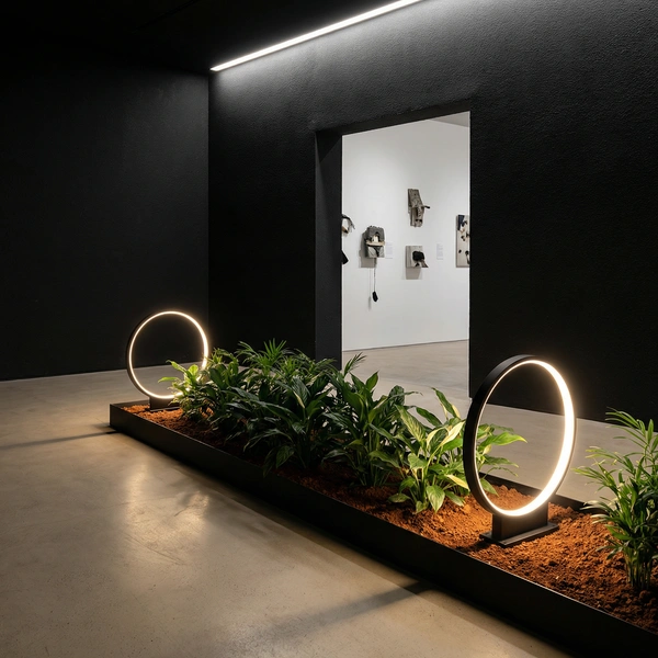 ORB halo patio light glowing beside outdoor seating at dusk