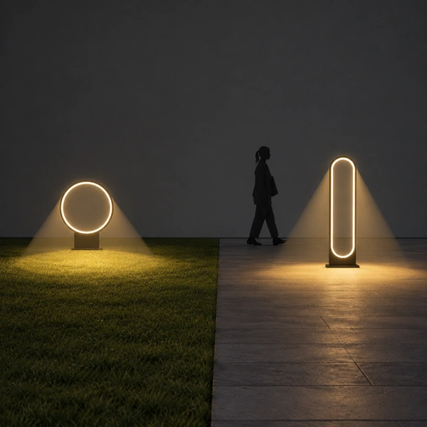 Black ORB-SS halo arch pair washing patio path and lawn with warm ground pools at dusk