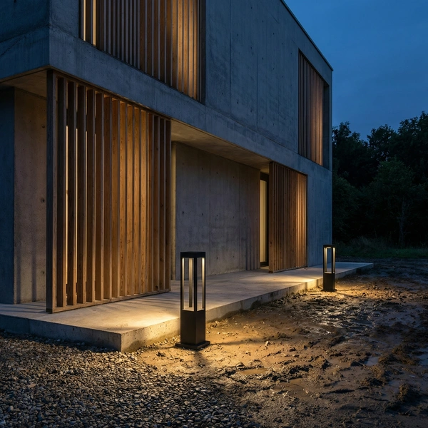 Sand Black SEMI flood bollard lining a residential driveway