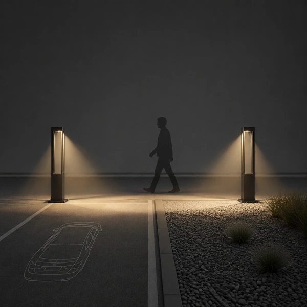 Paired Sand Black SEMI flood bollards washing house entry driveway with overlapping pools at night
