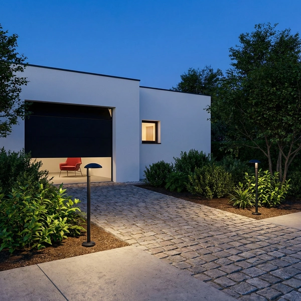 Black SLIM column bollard throwing pattern glow in modern garden
