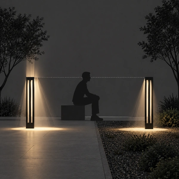 Black VOID SER square bollard washing poolside deck path with glare-free flange cutoff