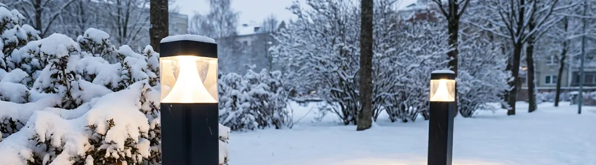 Black square LED bollards glowing in a snow-covered park