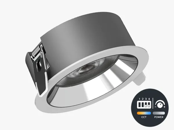 Downlight TRIAC PURE-DS DL02-DIP bianco con selezione DIP di potenza e CCT per corridoi di hotel