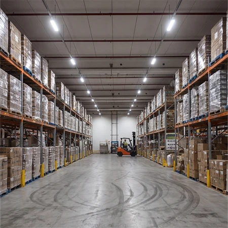 FORT-A linear high bay lighting over warehouse racks