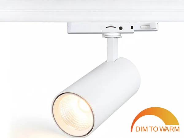 Biały korpus oprawy szynowej LED AMBR-W warm dim na szynie do stolików restauracyjnych